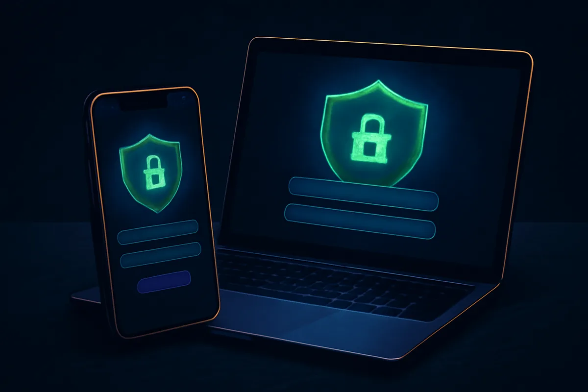 Okostelefon és laptop biztonságos belépési képernyővel, pajzs és zár szimbólummal; a jelszót nem szabad megosztani